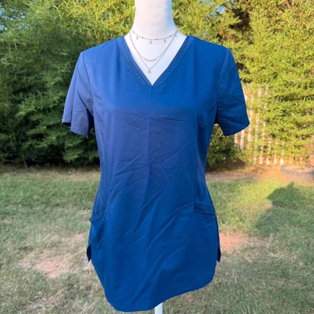 Navy Blue Scrub Top V Neck Stretch Pocket Healing Hands Medium
